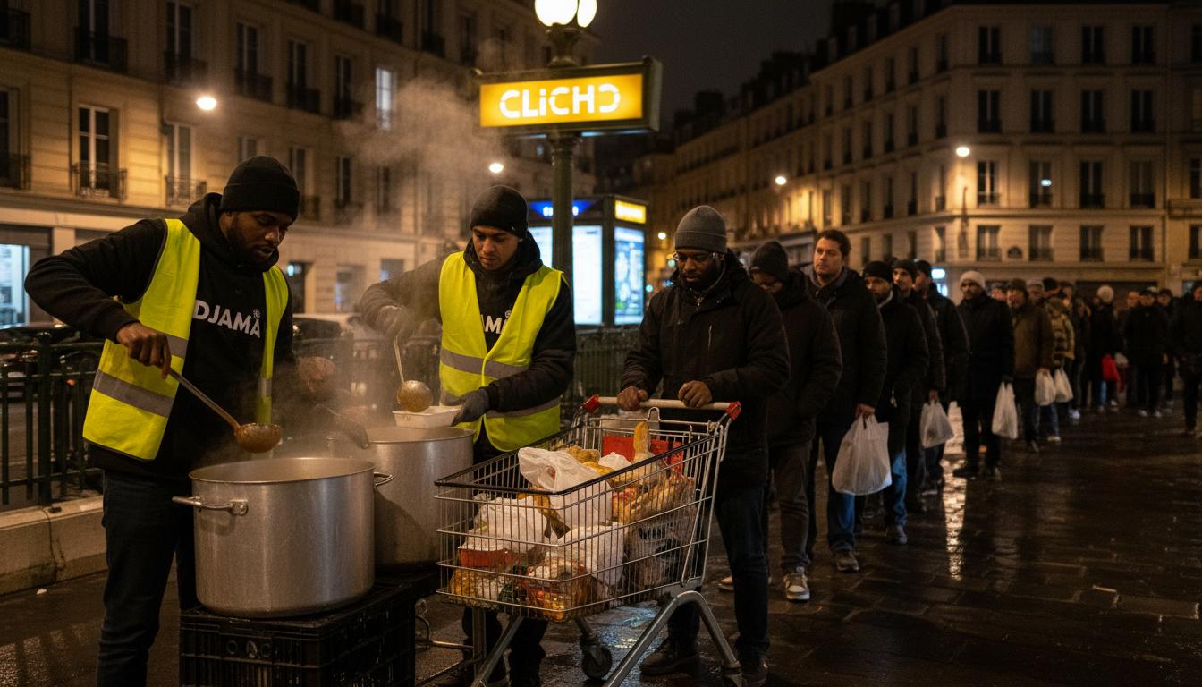 Des bénévoles en gilets jaunes distribuent des repas chauds près d'une bouche de métro à Paris